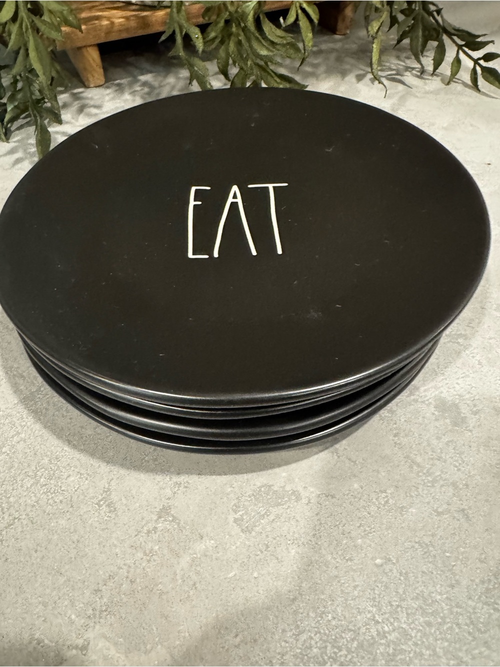 Rae Dunn Black Stoneware Dinner Plates with White "EAT" Lettering - Set of 4